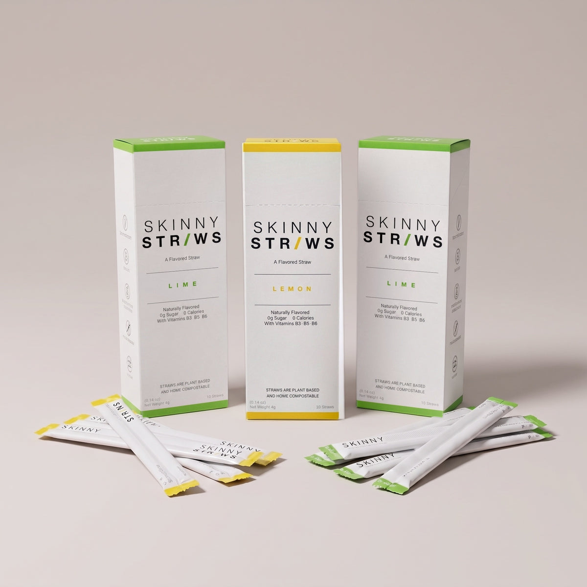 Skinny Straws Party Pack: two Lime boxes and one Lemon box with wrapped flavored straws