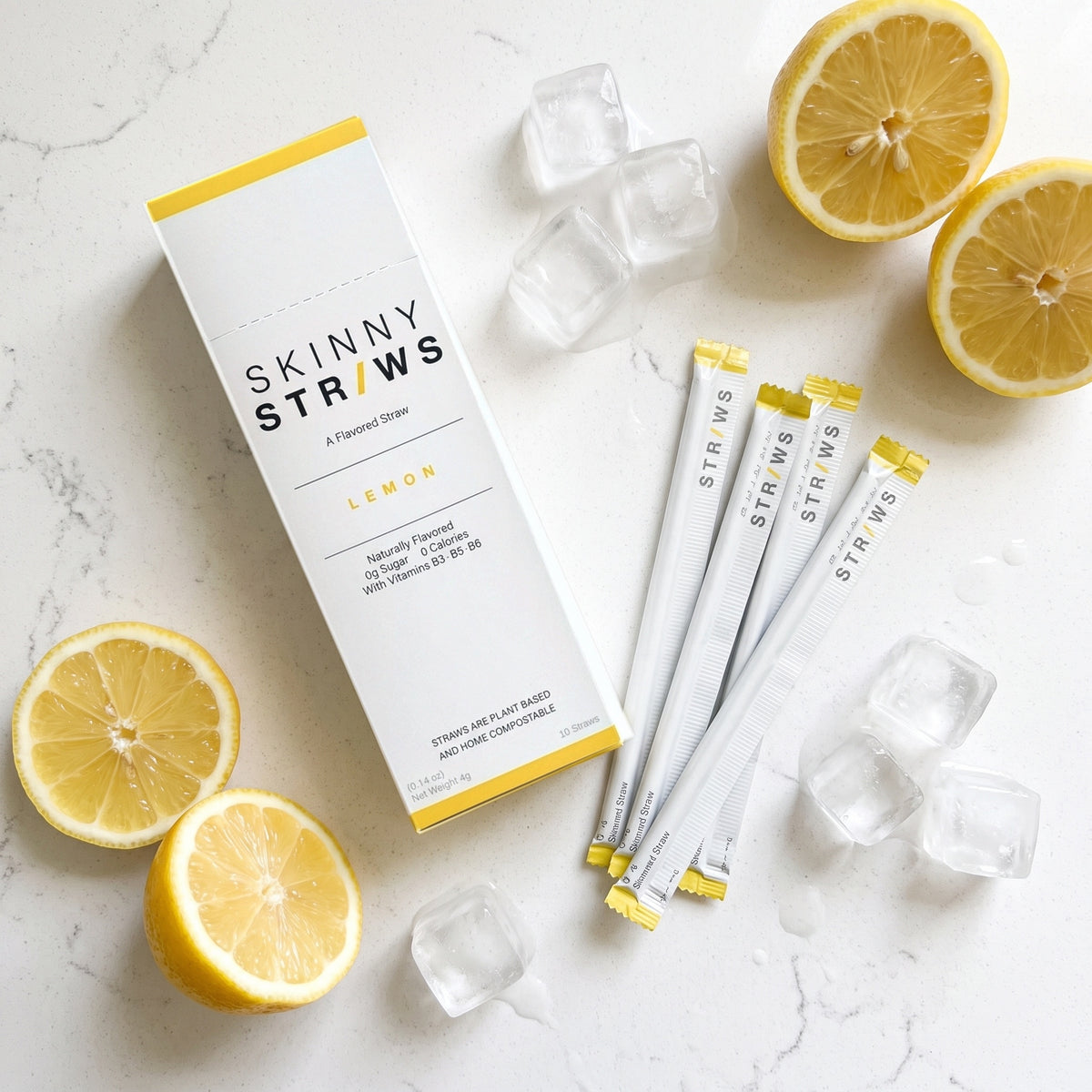 Skinny Straws Lemon box with wrapped flavored straws, fresh lemons and ice