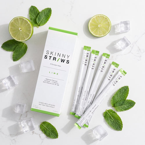 Skinny Straws Lime box with wrapped flavored straws, fresh limes, mint and ice