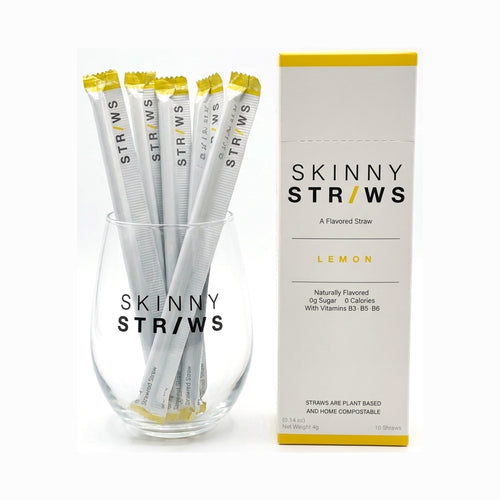 Skinny Straws Lemon, straws in a glass beside the box