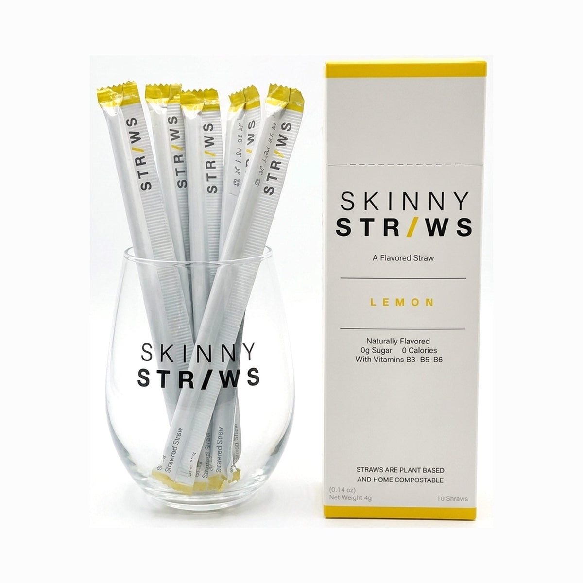 Skinny Straws Lemon, straws in a glass beside the box