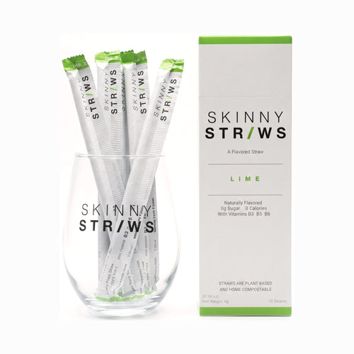 Skinny Straws Lime, straws in a glass beside the box