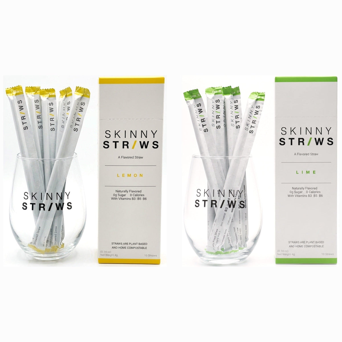 Skinny Straws Lemon and Lime, straws in glasses beside the boxes